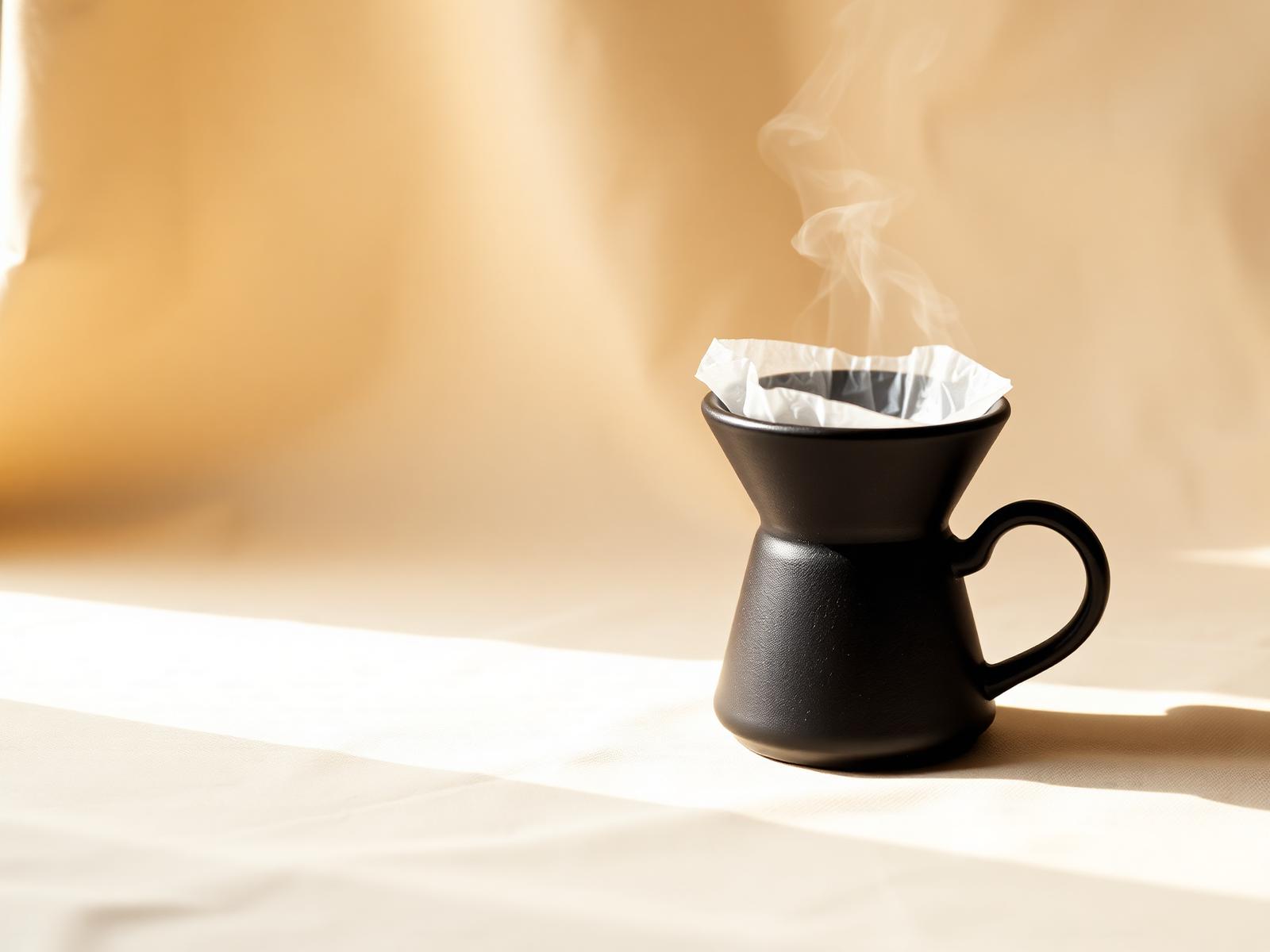 A black ceramic pour-over with rising steam